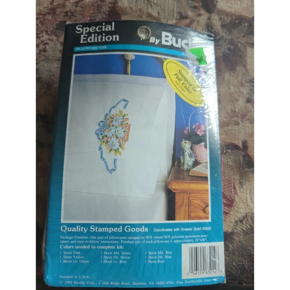 Vtg Bucilla Quilted Hearts Stamped Pillowcase Pair Kit #63214 Daisy Basket